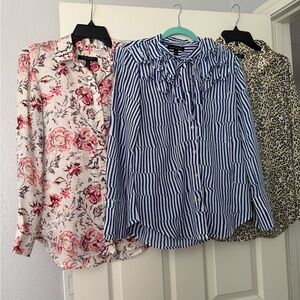 Banana Republic Blue & White Striped Ruffle Tie Button-Down Shirt